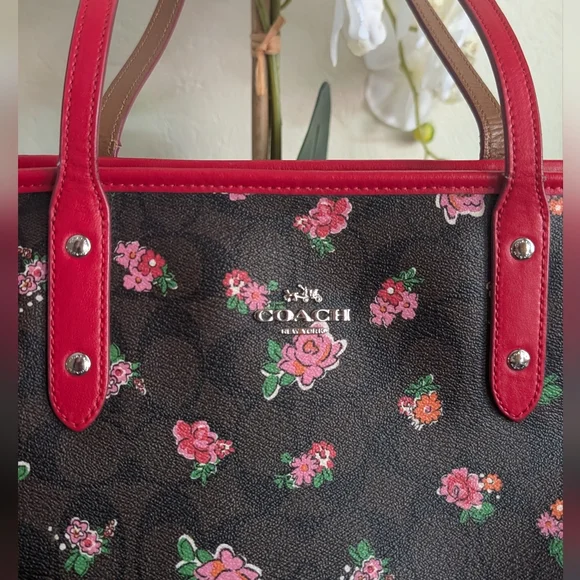 Coach City Tote Brown Leather Signature C Floral Print With Red Trim And Wallet - Picture 3 of 15
